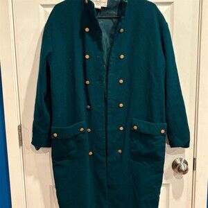 Evan-Picone Coat Womens Size 12 Teal Green Long Double-Breasted Gold